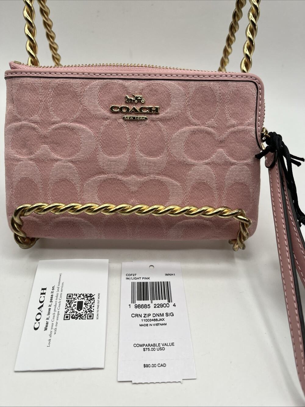NWT COACH Corner Zip Wristlet In Signature Denim Gold/Light Pink CDF27 Wallet